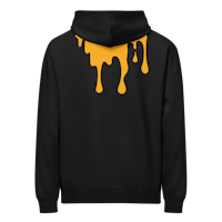 a black hoodie with yellow drips on it